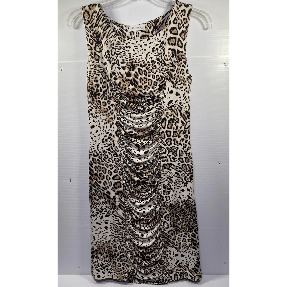 Calvin Klein Leopard Animal Ruched Sheath Mini Cocktail Sleeveless Dress Sz 4
